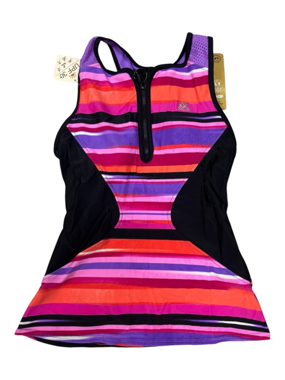 ZeroXposur Striped Zip-Front One-Piece Swim Dress - Pink, Purple & Red